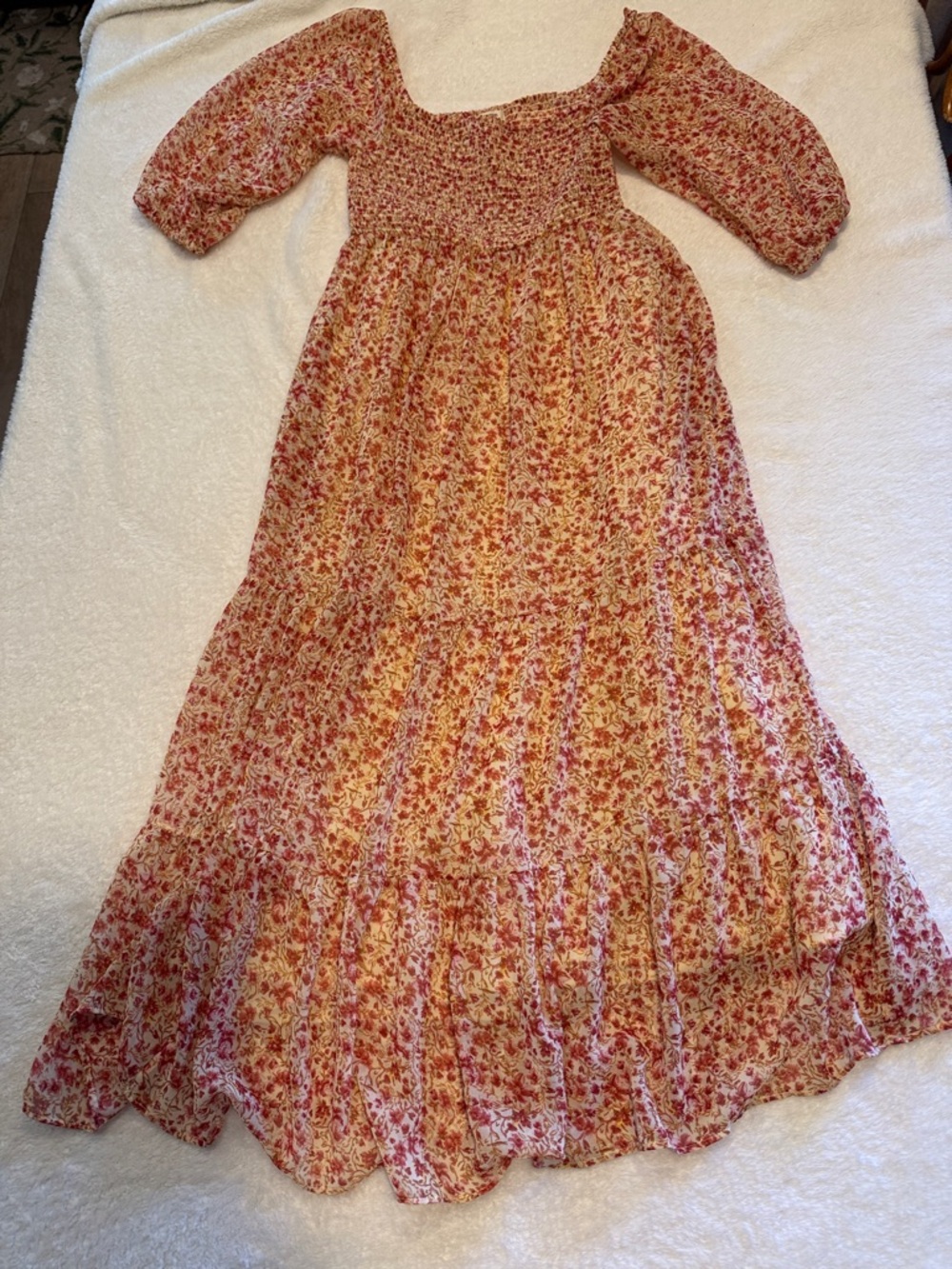 Urban Outfitters Red, Orange & Cream Floral Smocked Maxi Dress with tiered skirt